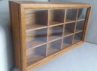 Vintage Artist Signed Wood Box 12 Compartments Hanging Display Case Glass Panel