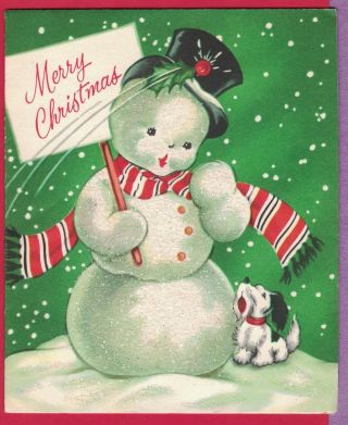 Vtg Mc Wallace Brown Christmas Card Mica Glitter Snowman Holds Sign Howling Dog