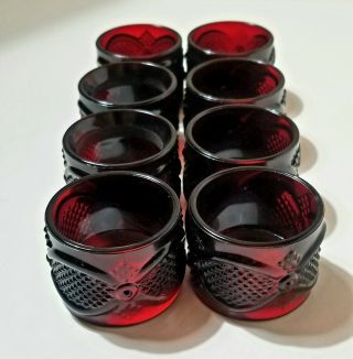 Set Of 8 / Avon Ruby Red 1876 Cape Cod Glass Napkin Rings -