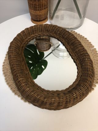 Vintage Natural Wicker Rattan Mirror Oval Boho 12 " X16 " Wall Hanging