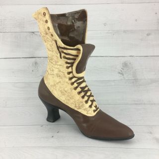 The Mud Hut Victorian Style Ladies Lace Up Boot Brown Tan Ceramic Planter Vase