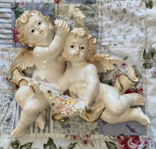 Vintage Pair Angels Cherubs 3d Wall Hanging With Flowers Plaque Shabby Cottage
