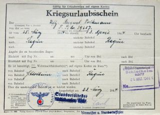 German Wehrmacht Ww2 War Vacation Certificate - Infantry Division 1944