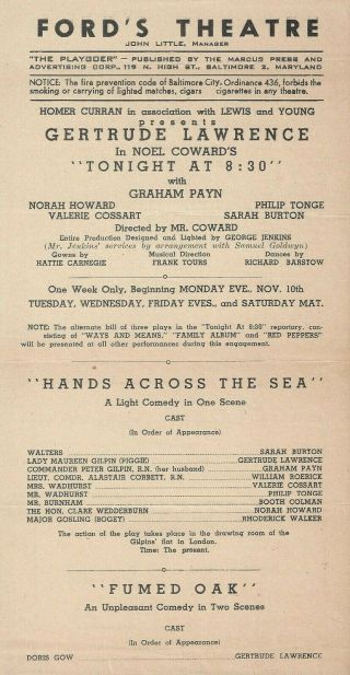 Gertrude Lawrence " Tonight At 8:30 " Noel Coward 1947 Baltimore Tryout Broadside