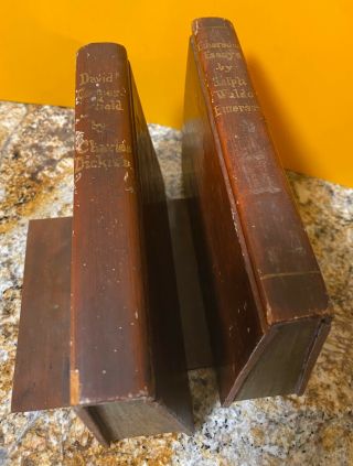 Vintage Hand Carved Wood Bookends Book Ends Designed Like Books Great Authors