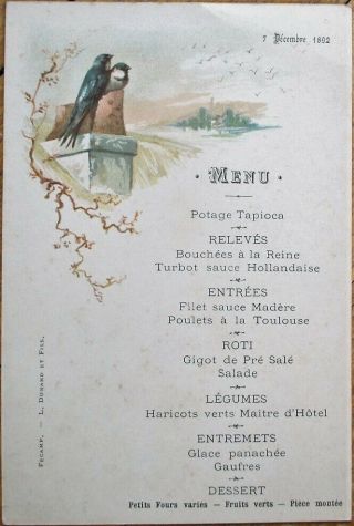 Menu: 1892 Color Litho W/birds On Chimney - Turbot Sauce Hollandaise