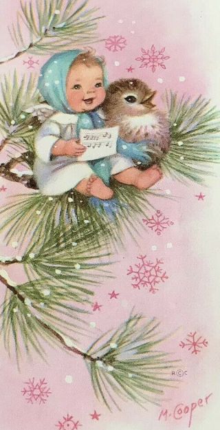 Vintage Rust Craft Marjorie Cooper Xmas Card Adorable Angel,  Bird On Tree