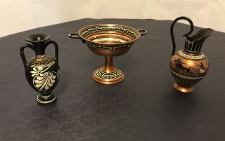 3 Greek Souvenir Metal Hand Made In Greece Ewer Pitcher Vase Dish Vase