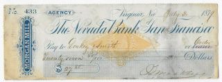 Virginia Nevada Mill 1879 Bank Check Nevada Bank Of San Francisco Revenue Stamp