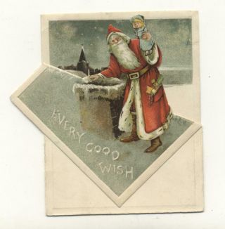 Christmas Vintage Card Red Robe Santa Claus Toys Every Good Wish Fold Out Xmas