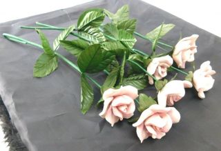 Set Of 6 Vintage Pink Bone China Roses,  Flowers On Green Stems