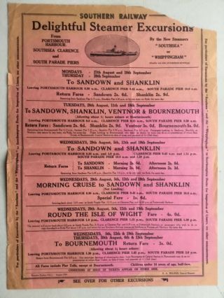 Southsea Portsmouth Harbour & Piers Steamer Excursions 1934 Poster - Type Flyer