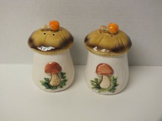Vintage 1970s Sears Roebuck & Co Merry Mushroom Ceramic Salt & Pepper Shaker Set 2