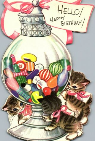 Rascal Kitty Cat Kitten Candy Jar Happy Birthday Vtg Christmas Greeting Card