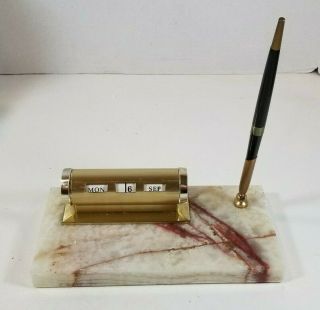 Vintage Desktop Brass Perpetual Calendar With Pen And Marble Base