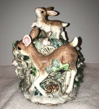 Fitz And Floyd Classics Peaceable Kingdom Cookie Candy Jar With Lid Deer Rabbit