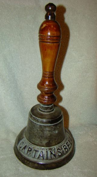 Vintage Captains Bell Hand Held Brass Bell With Patina And Wood Handle