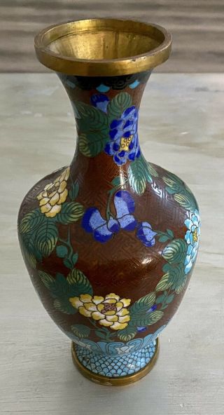 Old Vintage 10 " Chinese Cloisonne Vase 1900 Flowers On Maroon Background