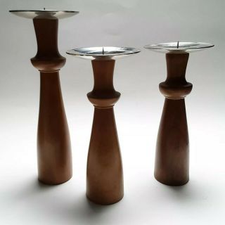 Set Of 3 Vintage Mid Century Danish Modern Wood/metal Candle Holders Set 3