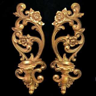 1971 Homco 2 Gold Candle Wall Sconces Hollywood Regency Syroco Gilded Pair Set