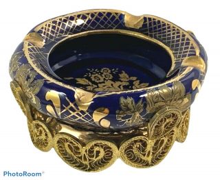 Vintage Limoges French Cobalt Blue Gold Metal Porsem Porcelain Ornate Ashtray