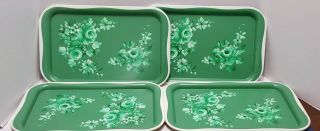 Vintage Green Metal Tv Trays With Roses Set Of 4