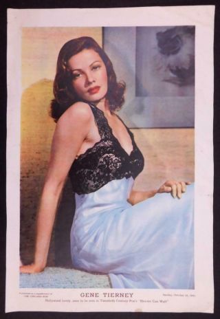 1943 Gene Tierney Pin Up Poster The Chicago Sun Supplement Fd3e4