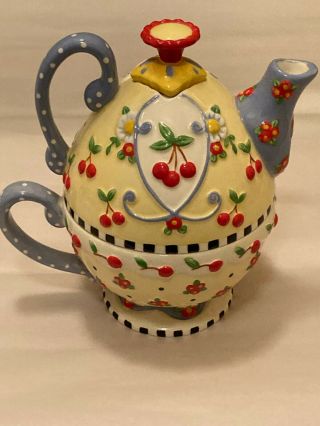 Mary Engelbreit Tea For One Teapot And Cup 3 Piece Cherries 2002