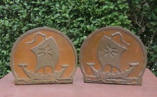 Vintage Arts & Crafts Copper And Brass Bookends - Viking Ship