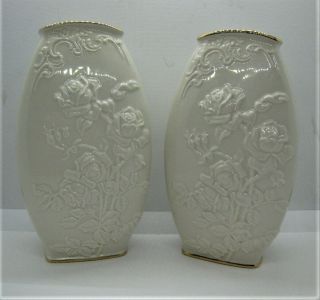 2 Lenox Ivory Embossed Rose/floral 8 Inch Bud Vase 