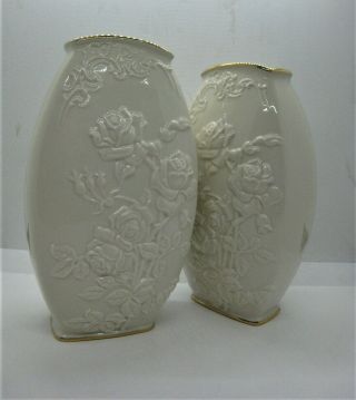 2 Lenox Ivory Embossed Rose/Floral 8 Inch Bud Vase ' s With Gold Trim 2