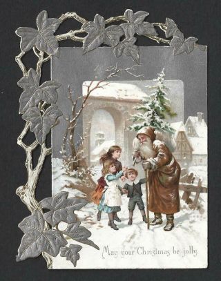 P44 - Brown Coat Santa With Tree And Children - Ivy Frame - Victorian Xmas Card