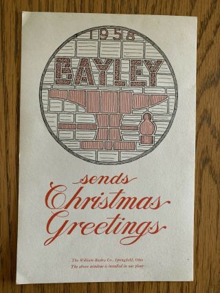Springfield,  Oh Oh 1958 William Bayley Co.  Christmas Card Anvil & Hammer Design