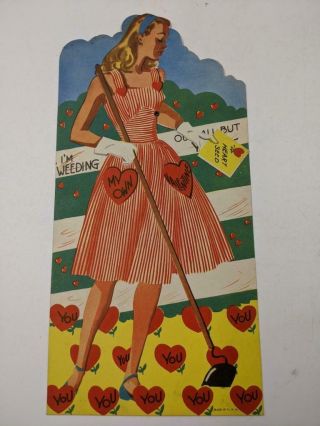 Vintage 1950’s Large Mechanical Valentine’s Day Card Adult Girl “weeding Out "