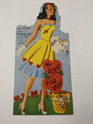 Vintage 1950’s Large Mechanical Valentine’s Day Card Girl “sprinkling Of Love "