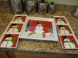 Set Of 7 Crate & Barrel Tray & 6 Snack Appetizer Plates Snowman