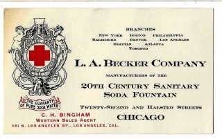 L A Becker Co,  20th Century Sanitary Soda Fountain,  Chicago,  Ch Bingham Card