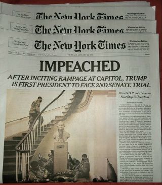 The Nyt York Times Newspaper January 14 2021 Trump Impeached