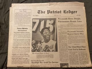 The Patriot Ledger Newspaper April 9 1974 Hank Aaron 715th Home Run $2 Min Wage,