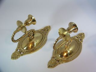 Vintage Pair Solid Brass Candle Holder Wall Sconce Ornate Art Deco India 8.  5 "