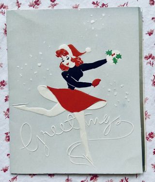 Vintage Mid Century Christmas Pretty Ice Skating Red Headed Lady Greeting Card