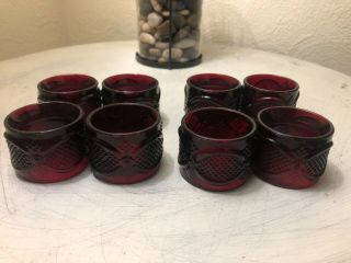 Set Of 8 / Avon Ruby Red 1876 Cape Cod Glass Napkin Rings -
