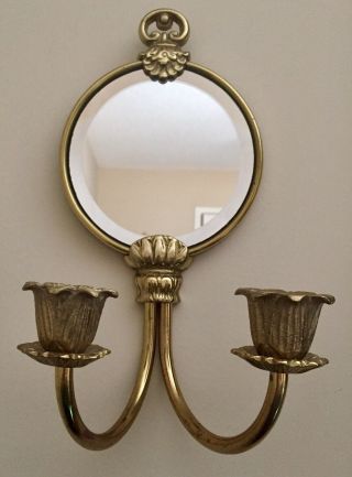 Vintage Solid Brass Beveled Mirror Wall Sconce Candle Holder Sticks With Tulips