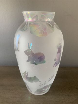 Arthur Court Bunny Rabbit Vase Iridescent Frosted Etched Glass Signed A&e Court