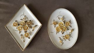 Vintage Lefton Diamond And Oval Ceramic Wall Hanging Plaques Raised Flowers