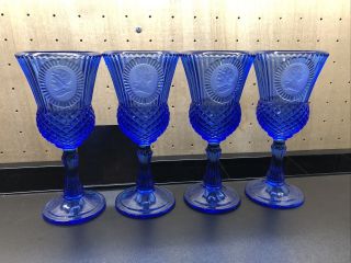 Avon Fostoria Cobalt Blue Glass Water Goblet George & Martha Washington Set Of 4