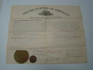 1900 40 Acre Mariposa County State Of California Usa School Lands Certificate