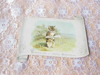 Victorian Christmas Card/cut - Out Paper Scroll/cat Reading A Book