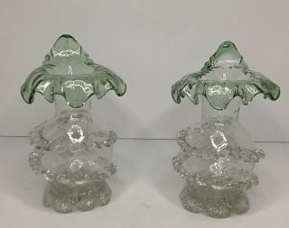 Vintage Pair Clear&green Glass Vases W/ruffled Tops And Spiral Accents (fenton?)