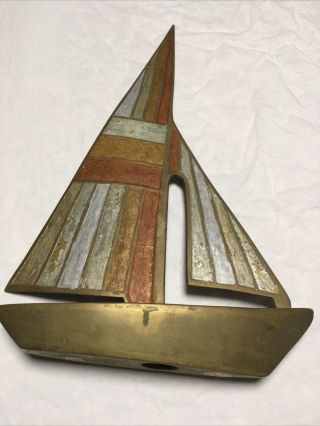 Vintage Brass Copper Metal Sail Boat Painted Sculpture On Base 15” H